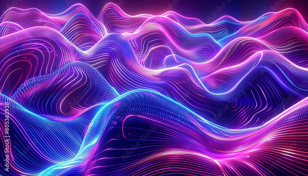 A visually captivating 3D illustration featuring dynamic waves glowing in neon pink and blue, depicting movement and energy