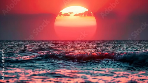Mesmerizing image capturing a breathtaking sunset with the sun dipping into the ocean, radiating a fiery orange glow