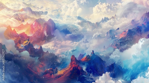 This is an artistic creation of a wild  surreal landscape with vibrant mountain ranges  misty clouds and dreamy atmosphere