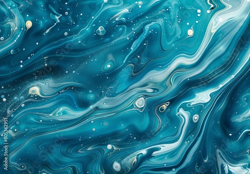 A soothing abstract image featuring swirling turquoise patterns and scattered droplets, evoking thoughts of fluidity and calmness