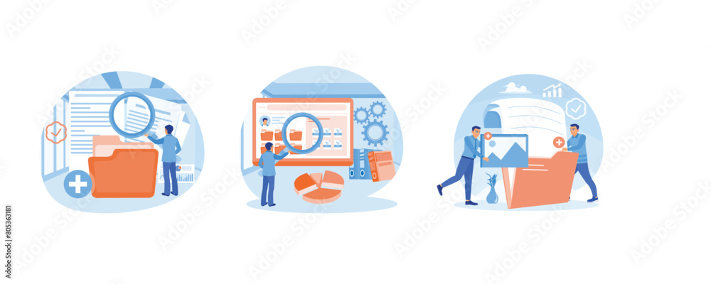 Obraz premium A male worker adds files to the main folder. Searching documents file. Search and store data info in the database. Storage concept. Set flat vector illustration.