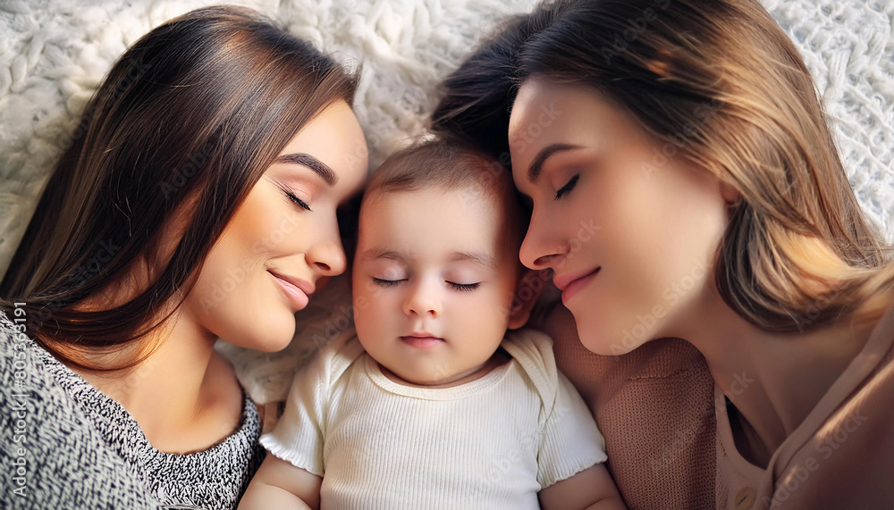 A serene portrait of two women with their happy, peaceful, and calm babies. A serene portrait of two women with their happy, peaceful, and calm babies.