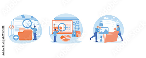 A male worker adds files to the main folder. Searching documents file. Search and store data info in the database. Storage concept. Set flat vector illustration.