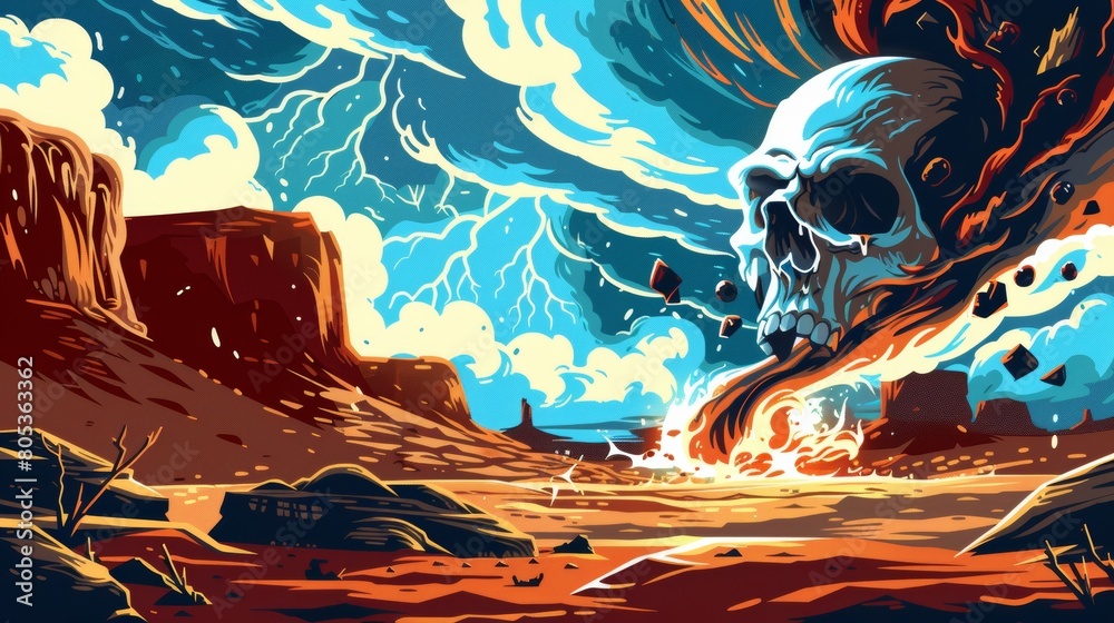 This is a whirlwind storm in a desert, with a tornado in Texas. This is a sunny desert Mexico drought terrain with boulder cliffs and skull drawings for an adventure game.