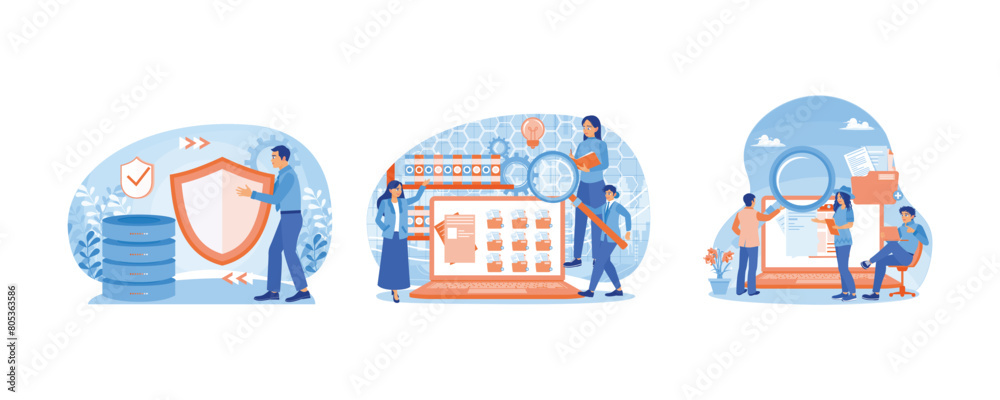 Secure data storage application. The employee search for a file in the database. Using magnifying glasses. Database concept. Set flat vector illustration.