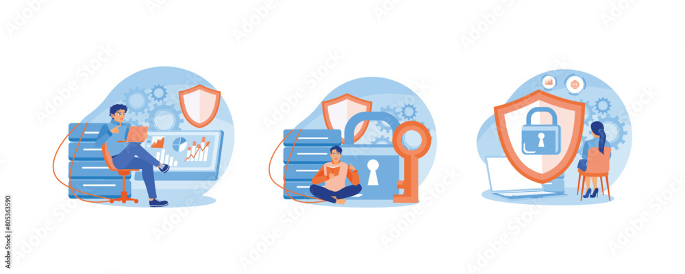 People use laptops connected to servers. Use applications that are safe from hackers. Save the file in the main folder. Database concept. Set flat vector illustration.