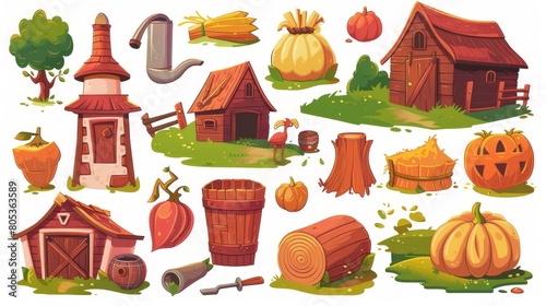 Agricultural countryside house and rural equipment set - barn, well pipe, cattle drinking trough, hay roll, and ripe pumpkins. Caricature modern illustration.