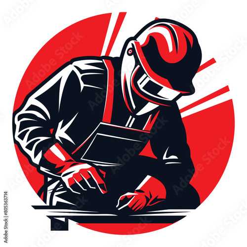 vector illustration of craftsmen who are welding the red and white colors