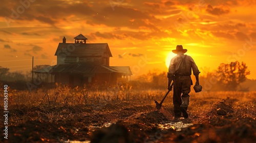 A realistic portrayal of a rugged farmer, trudging home along a dusty path during golden hour, with his fatigue and the long shadows adding to the scene's poignancy photo