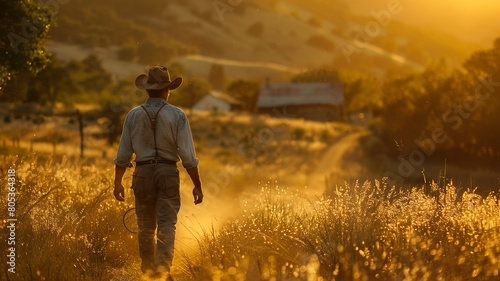 A realistic portrayal of a rugged farmer, trudging home along a dusty path during golden hour, with his fatigue and the long shadows adding to the scene's poignancy