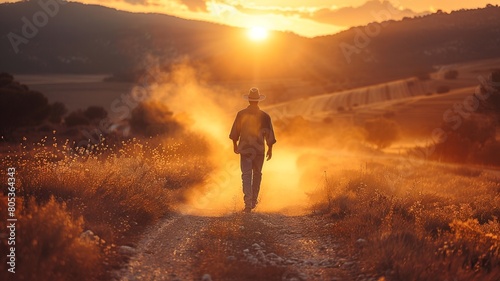 A realistic portrayal of a rugged farmer, trudging home along a dusty path during golden hour, with his fatigue and the long shadows adding to the scene's poignancy photo