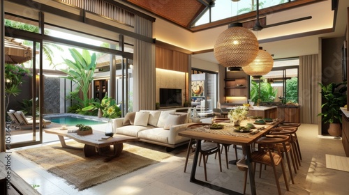 modern interior design in livingroom of pool villas with high. Luxury interior design in living room of pool villas. Airy and bright space with high raised ceiling and wooden dining table