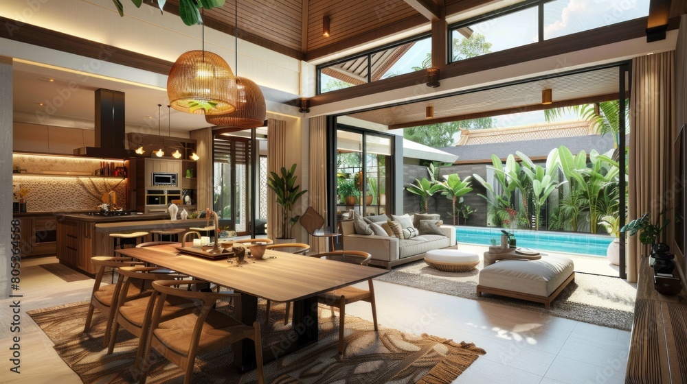 modern interior design in livingroom of pool villas with high. Luxury interior design in living room of pool villas. Airy and bright space with high raised ceiling and wooden dining table