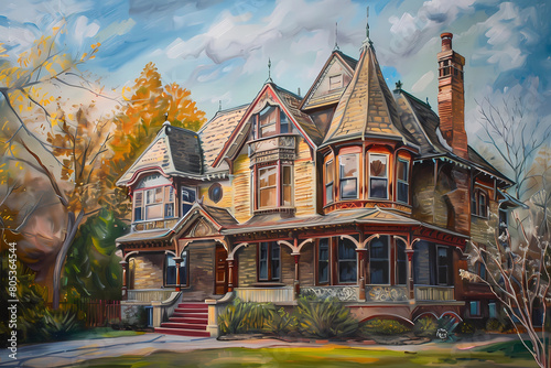 Art Nouveau Style House (Oil Painting) - Originated in Europe in the late 19th and early 20th centuries, characterized by flowing lines, organic shapes, and ornate details