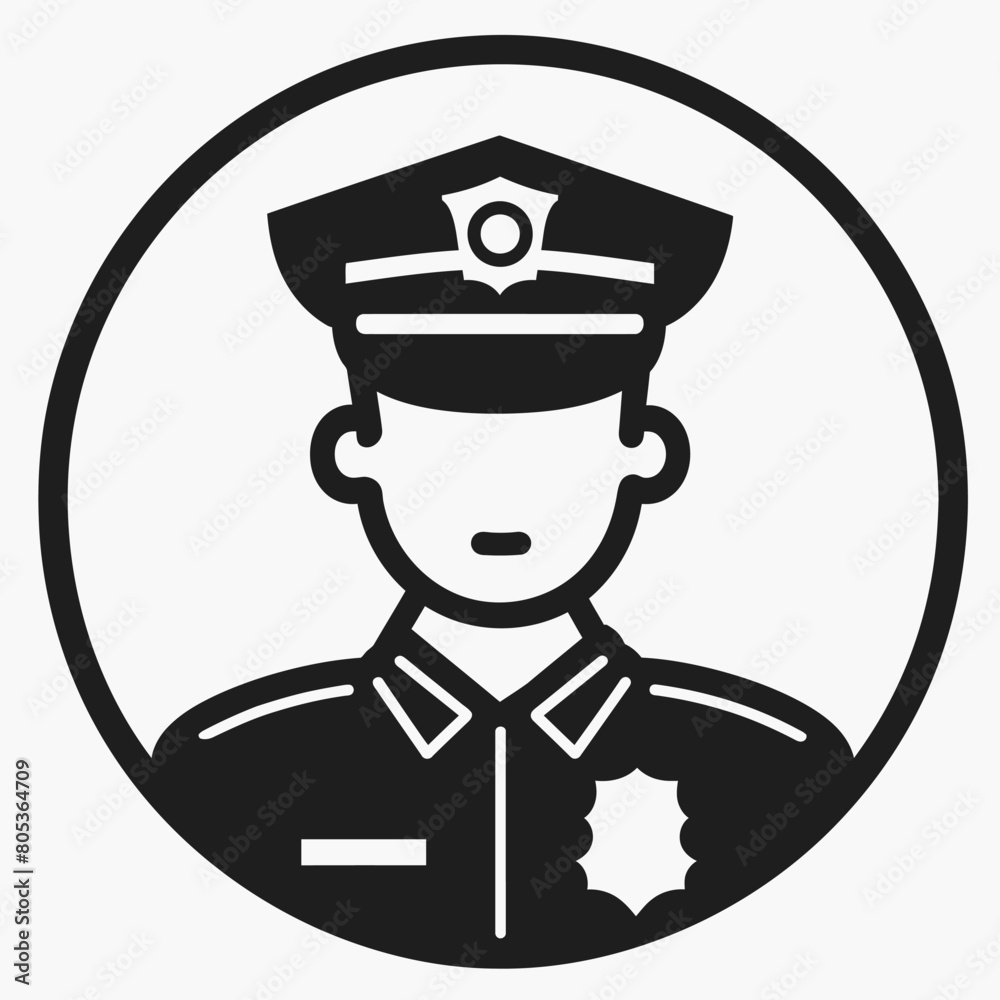 Police Officer icon UI design black round frame flat linear vector icon whte background Police Officer icon UI design black round frame flat linear vector icon whte background