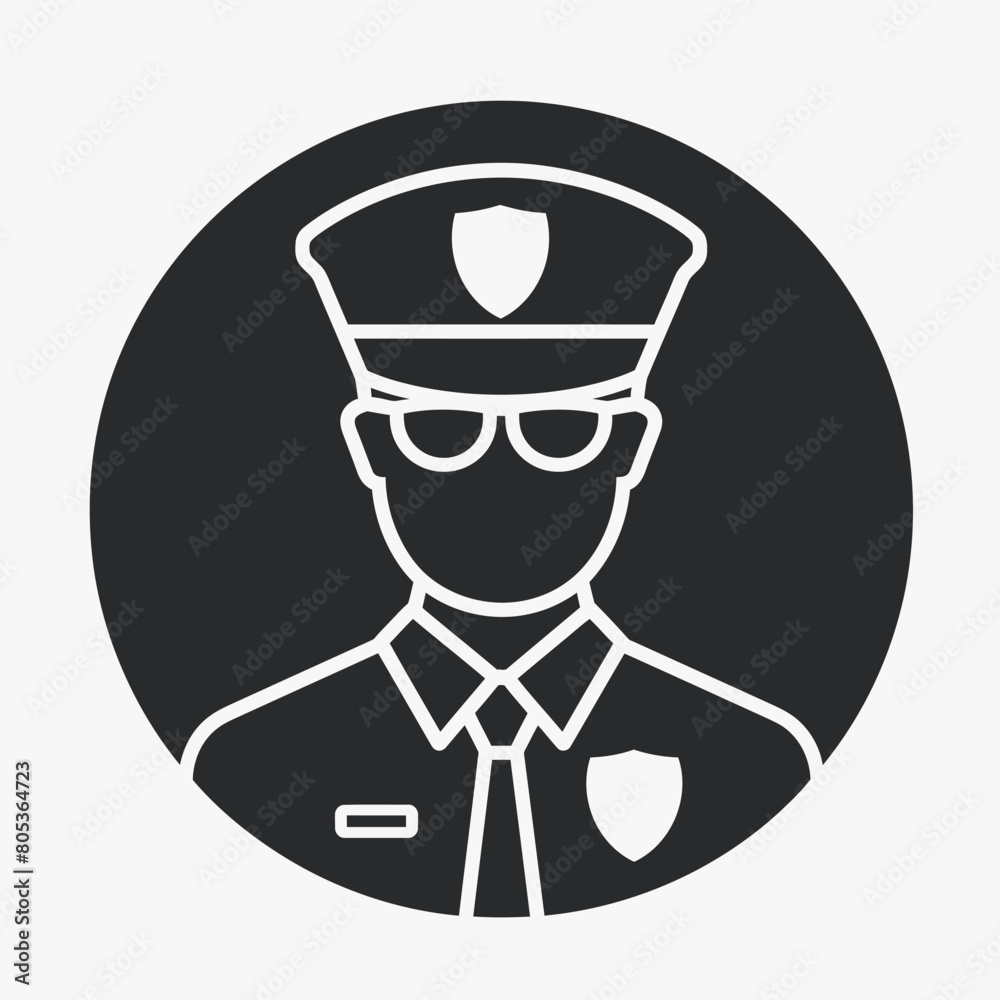 Police Officer icon UI design black round frame flat linear vector icon whte background Police Officer icon UI design black round frame flat linear vector icon whte background