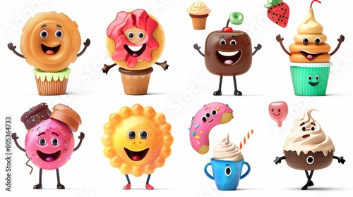 A set of groovy dessert characters isolated on white background. Modern cartoon illustration of pancakes, chocolate cookies, donuts, ice cream, muffins, and coffee cups.