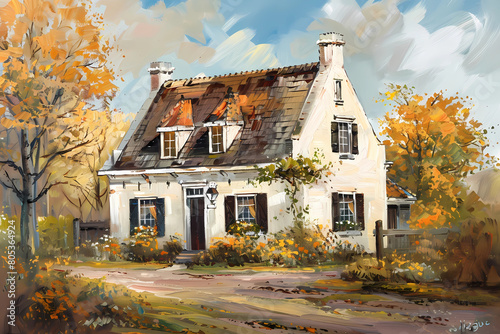 Colonial Dutch Style House (Oil Painting) - Originated in the United States in the 17th and 18th century, characterized by a gambrel roof with flared eaves and a central chimney photo