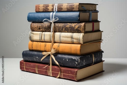 Scholarly Stack wrapped books. Retro vintage cover art paper. Generate Ai