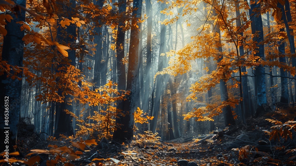 An enchanting forest scene with sunrays piercing through the trees onto the vibrant autumn foliage