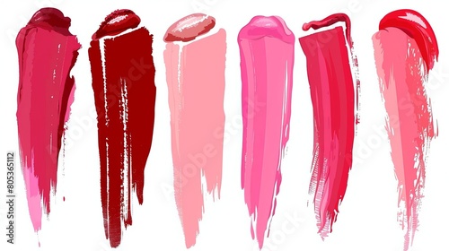 This colorful modern illustration set illustrates a painted lip product brush smudge made of glossy cream paint. This lipgloss or lacquer swatch includes a red and pink lipstick or nail polish photo