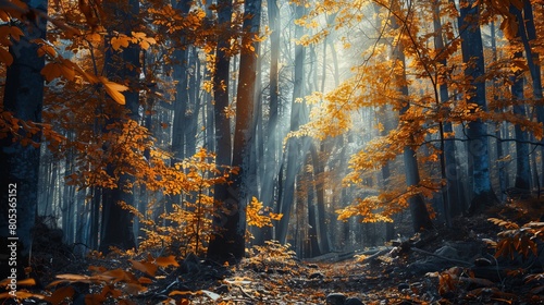 An enchanting forest scene with sunrays piercing through the trees onto the vibrant autumn foliage