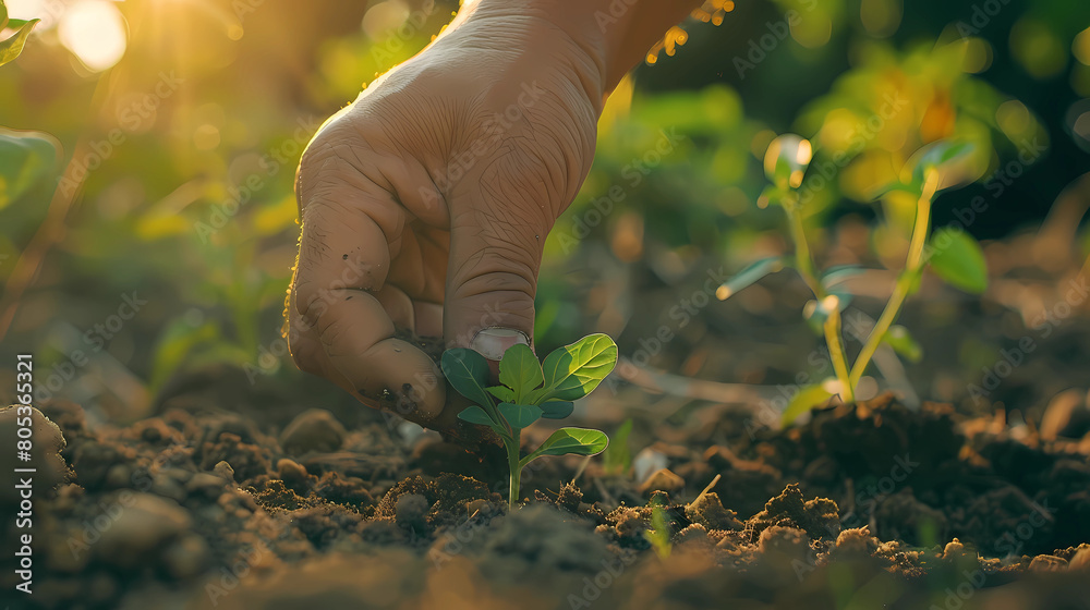 Fototapeta premium A closeup picture of a man trying to plant a sapling or a plant in the soil with evening sunshine in the background