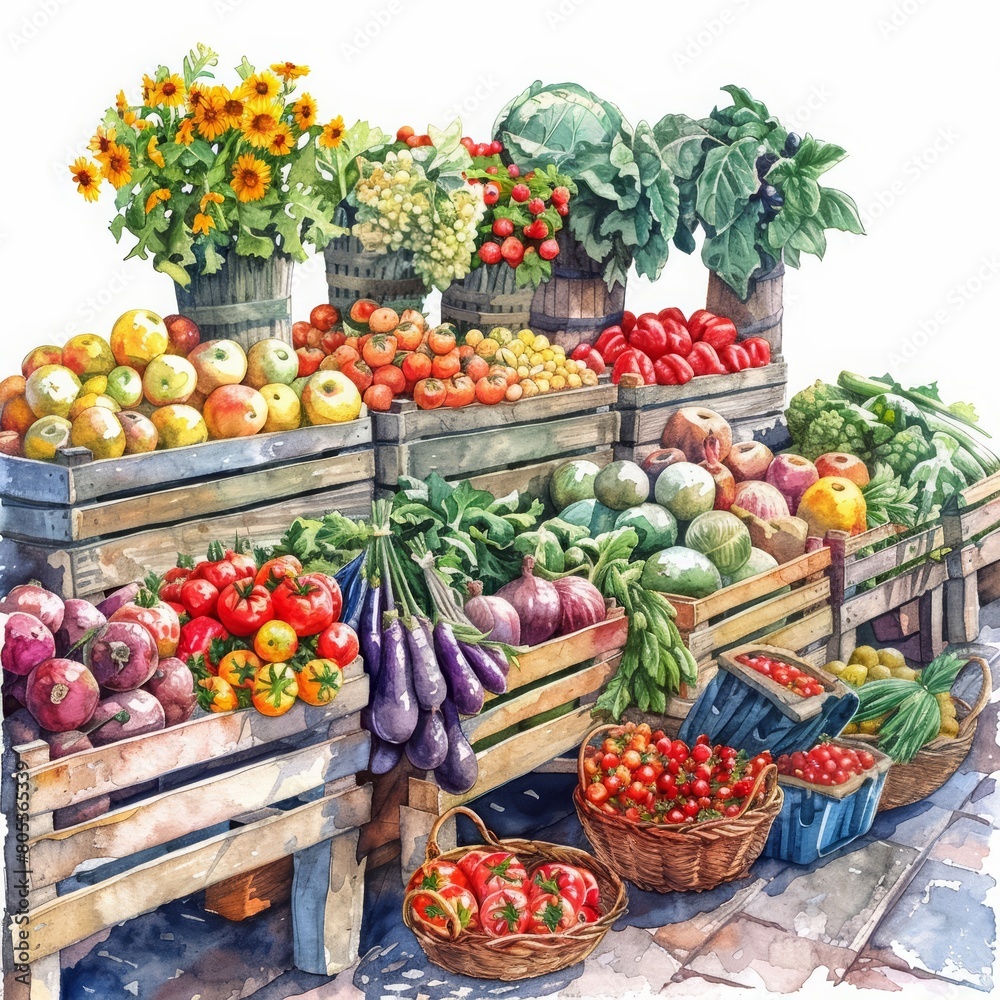 In this watercolor painting, a lively farmer s market scene brims with fresh produce and flowers, Clipart minimal watercolor isolated on white background