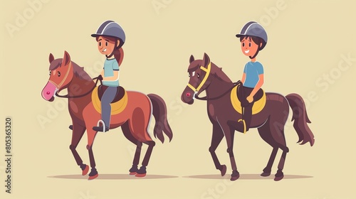 Various cartoon modern illustrations of a horse rider  man and woman in uniforms and helmets. Concept of a equestrian school and training horses.