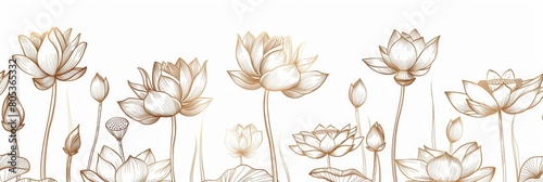 Gold colored lotus flowers and leaves against a white background  embodying purity and enlightenment