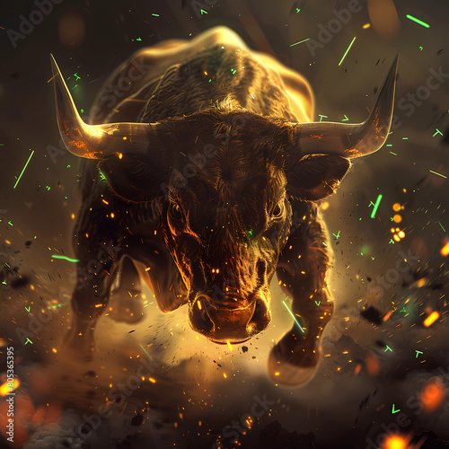 A picture of strong bull charging forward. A symbol of strong bull market rally in Stock market. Financial theme.