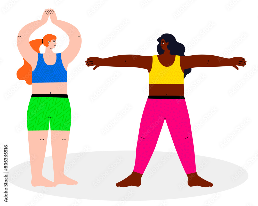 A vibrant illustration featuring two active women doing yoga. The illustration is hand-drawn and created in a flat vector style to depict people. Isolated on a white background. A vibrant illustration featuring two active women doing yoga. The illustration is hand-drawn and created in a flat vector style to depict people. Isolated on a white background.