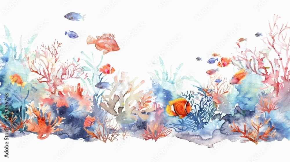 In this watercolor painting, a vibrant coral reef teems with fish and sea life under clear water, Clipart minimal watercolor isolated on white background