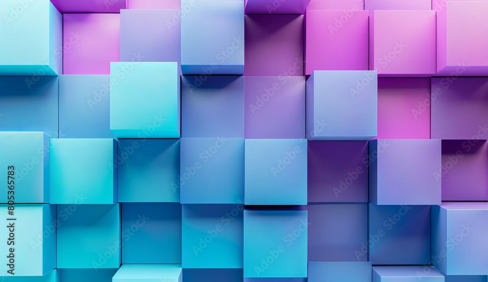 An eye-catching digital artwork featuring a grid of 3D cubes in various shades of purple, blue, and pink, creating a modern and vibrant geometric pattern