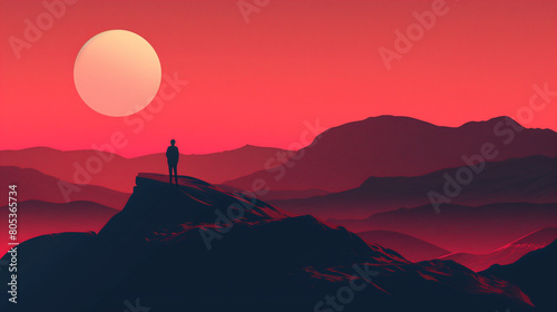 Mountain landscape on sunset. Silhouette of man