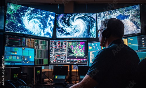 Meteorologist Analyzing Severe Climate Events on Advanced Display Systems in Operations Center photo