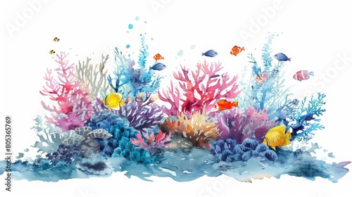 In this watercolor painting  a vibrant coral reef teems with fish and sea life under clear water  Clipart minimal watercolor isolated on white background