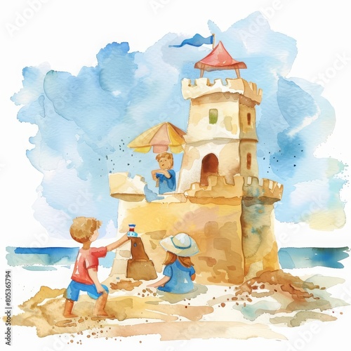 In this watercolor painting  a lively beach scene with children building a giant sandcastle  Clipart minimal watercolor isolated on white background