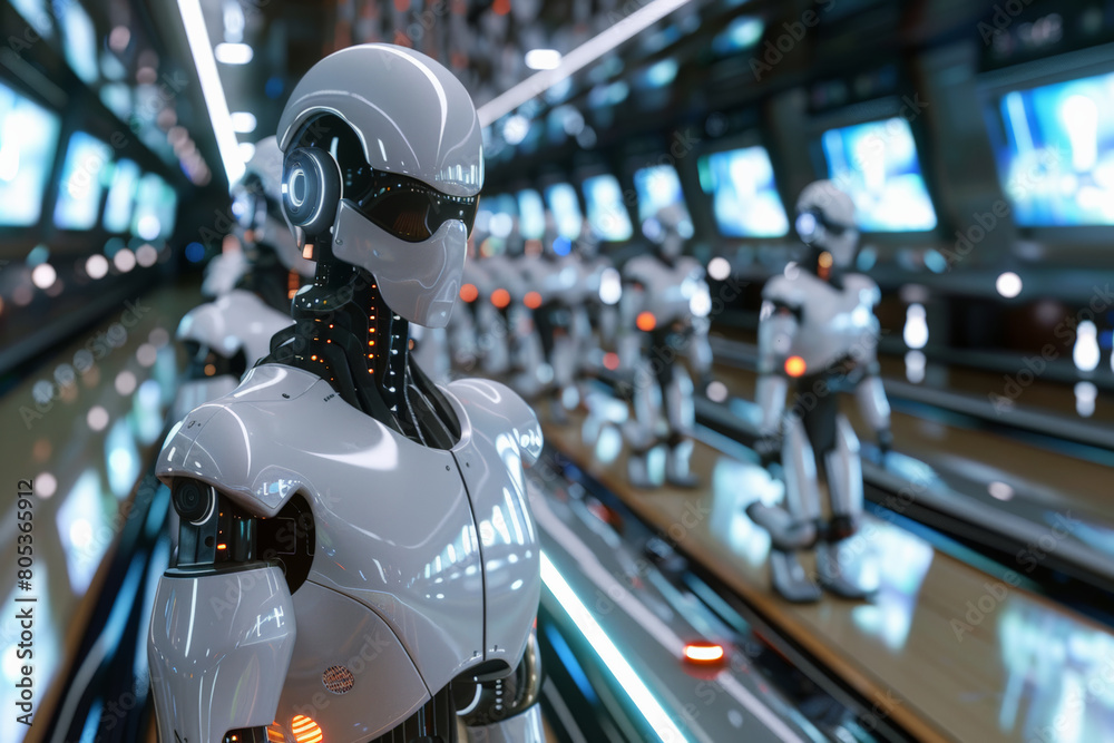 Advanced Glossy Robot Positioned Within State-of-the-Art Manufacturing Environment. Advanced Glossy Robot Positioned Within State-of-the-Art Manufacturing Environment.