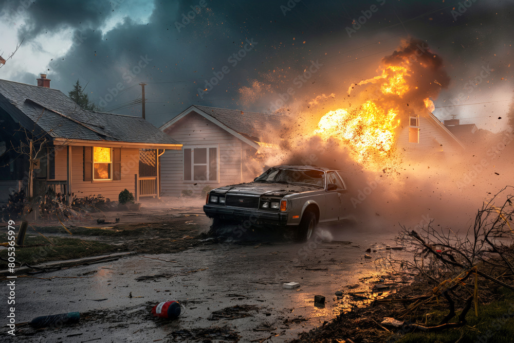 Violent Car Explosion Next to a Residential House Amidst Stormy Weather Conditions.