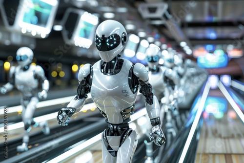 Wallpaper Mural Advanced Humanoid Robots Walk in a Brightly Lit Contemporary Indoor Complex Environment. Torontodigital.ca