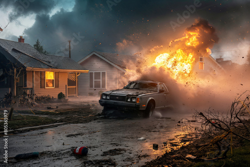 Violent Car Explosion Next to a Residential House Amidst Stormy Weather Conditions.