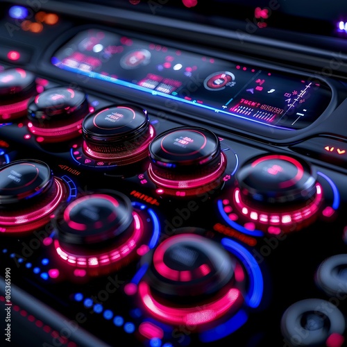 Futuristic car audio control panel with touchsensitive neon interfaces and gesturecontrolled sound settings , high resolution photo