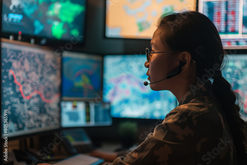 Military personnel in uniform intently monitoring multiple screens in a darkened control room.