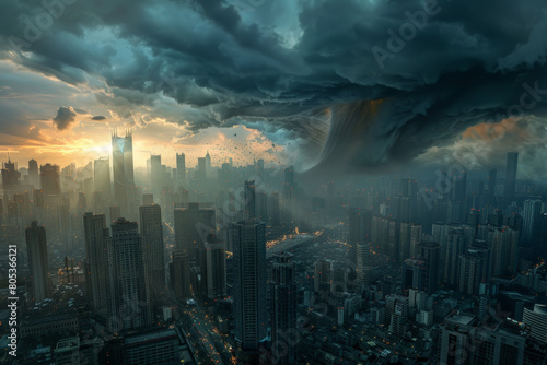 Dystopian Vision of Apocalyptic Cityscape with Impending Tornado and Ominous Skies.