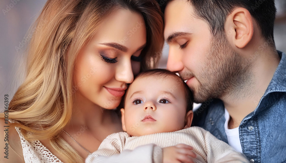A serene portrait of parents with their happy, peaceful, and calm baby