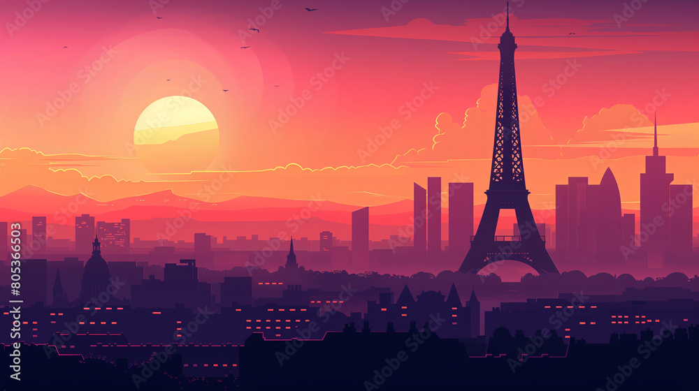 Paris, France with Eiffel tower on sunset