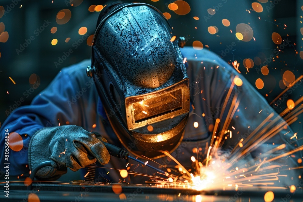 A seasoned welder in protective gear, including mask and gloves, with a welding torch casting bright sparks. A seasoned welder in protective gear, including mask and gloves, with a welding torch casting bright sparks.