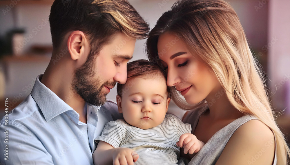 A serene portrait of parents with their happy, peaceful, and calm baby A serene portrait of parents with their happy, peaceful, and calm baby