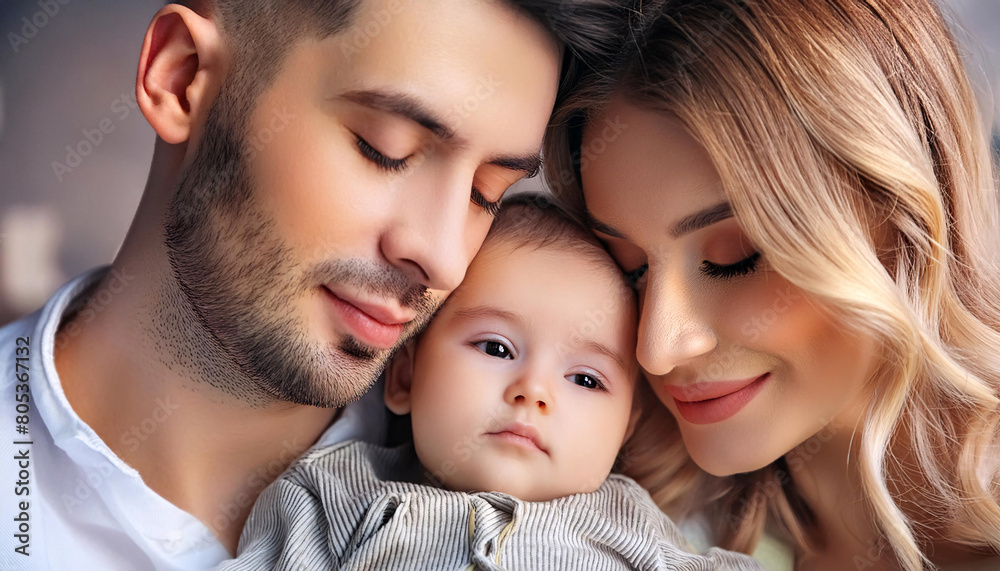 A serene portrait of parents with their happy, peaceful, and calm baby A serene portrait of parents with their happy, peaceful, and calm baby